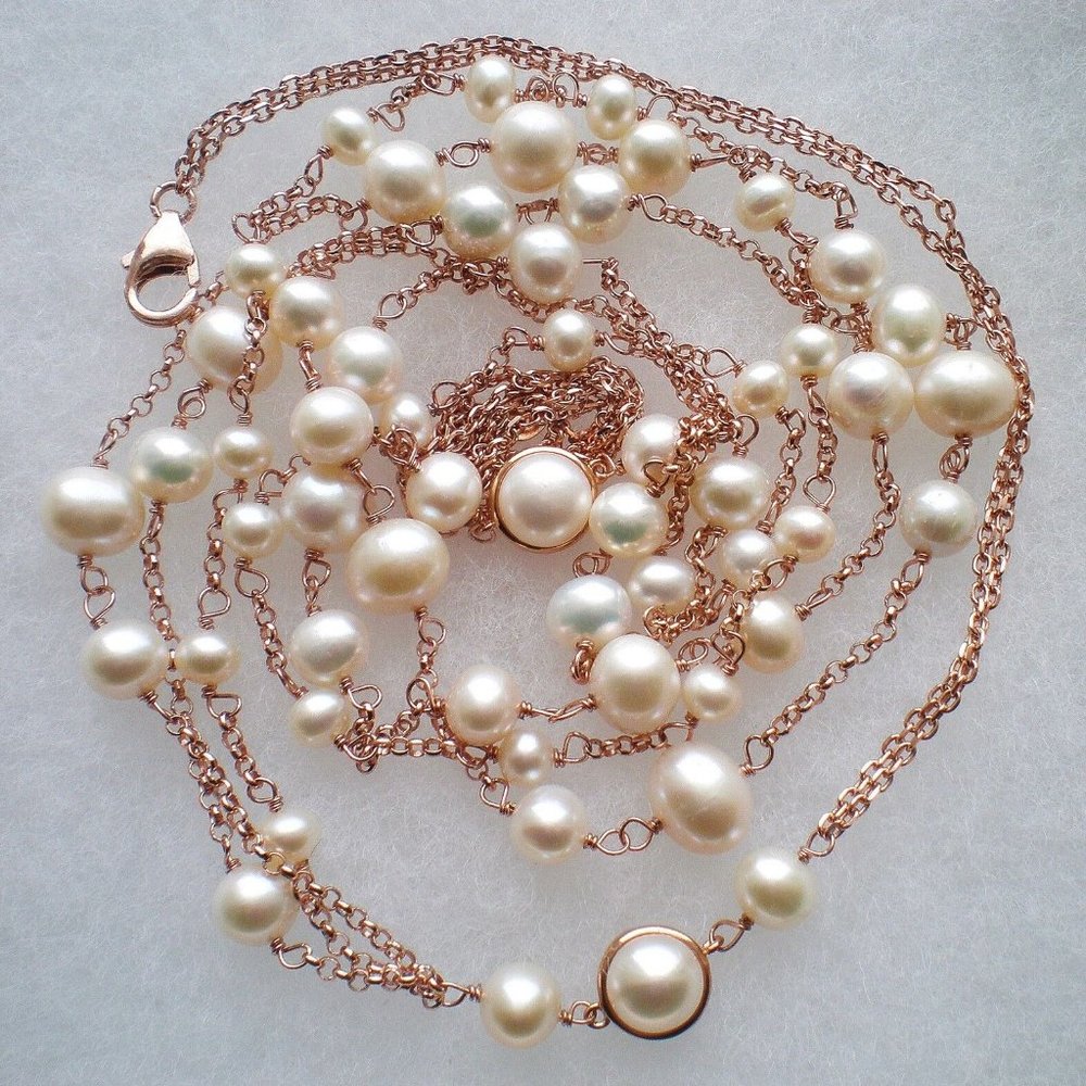 LUCAS LAMETH LUC Gilded Sterling Silver Triple Strand Pearl NECKLACE CHAIN 33"